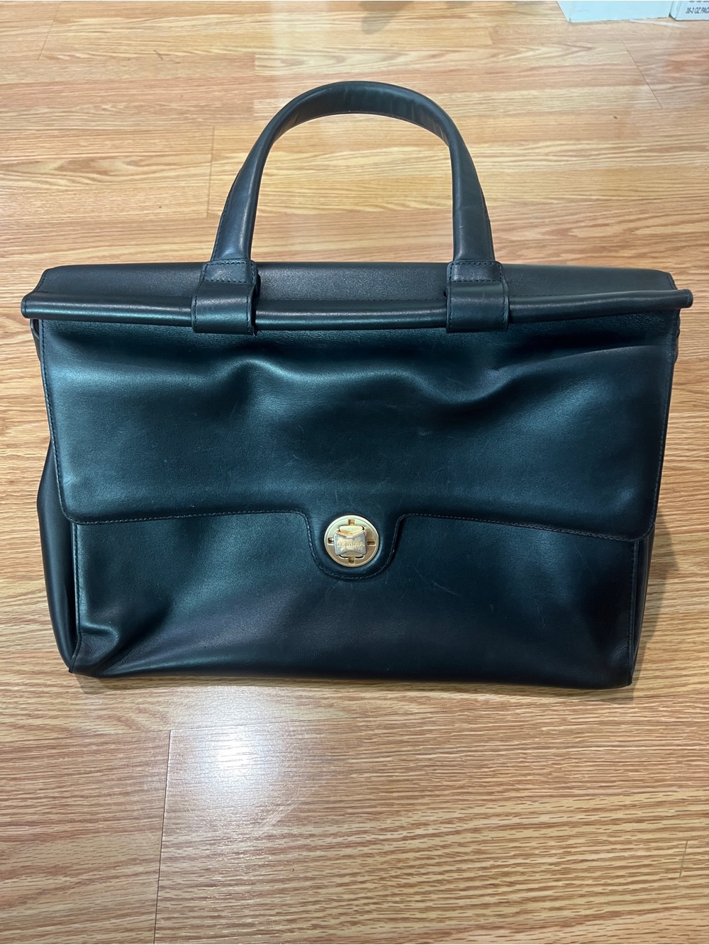 Classic Black Leather Top-Handle Travel Bag with Gold-Tone Turn Lock